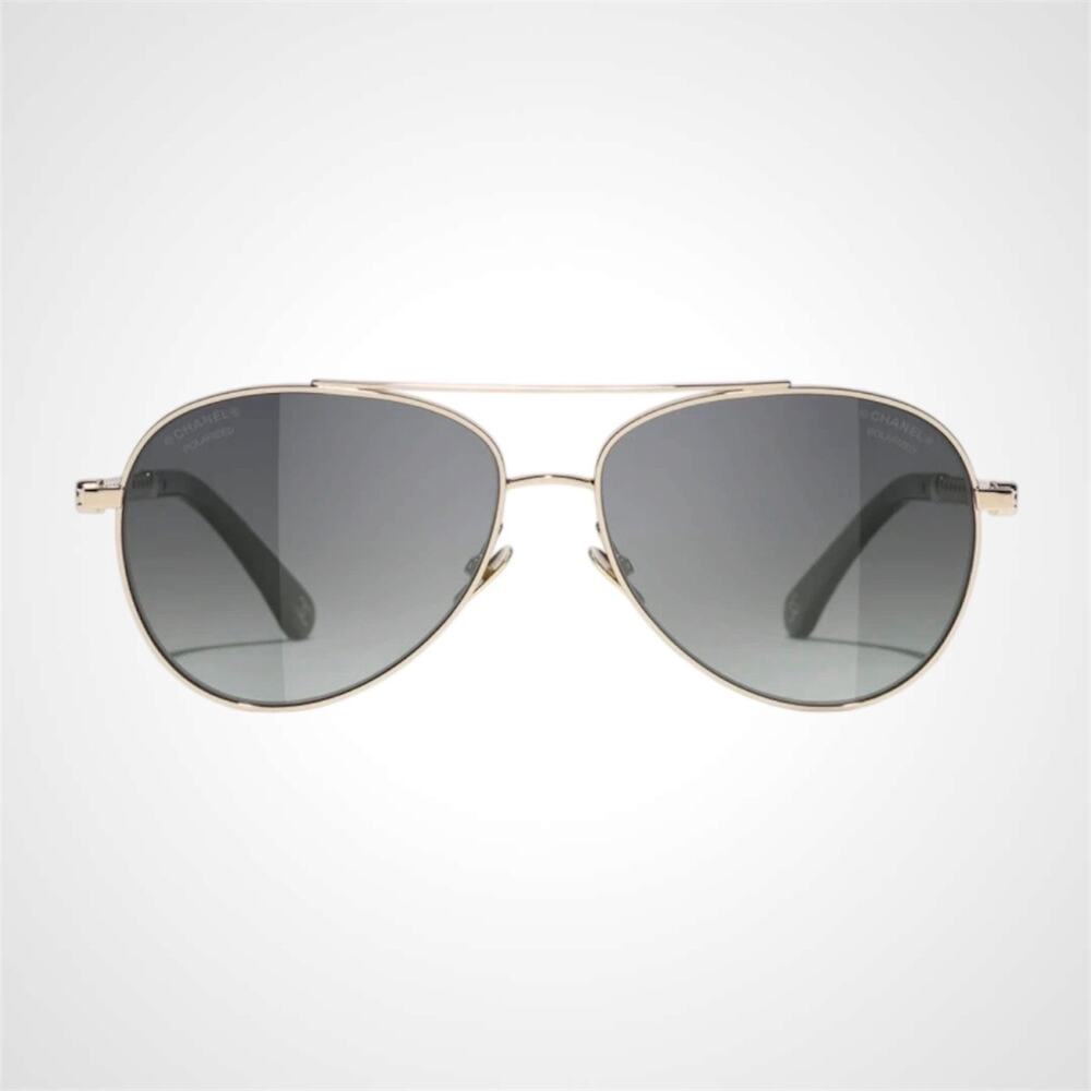 New CHANEL Sunglasses Gold Metal Grey Polarized Aviator Pilot Pearls Authentic - Picture 2 of 5